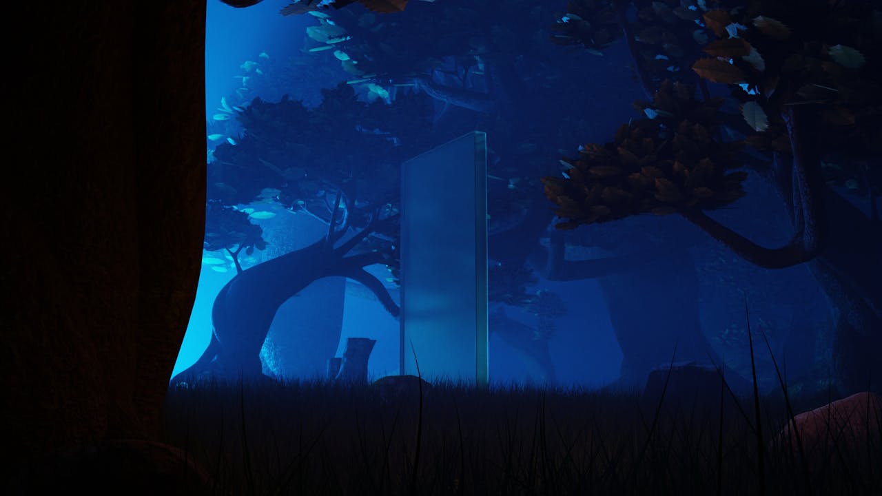 A mysterious glass monolith stands in a mystical forest under a blue night sky.