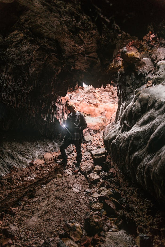 A lone explorer with a flashlight illuminates the rocky interior of an ancient cave.